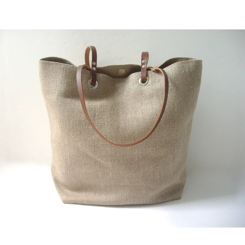 Simple Woven Jute Casual Tote Hobo Handbag With Leather Holder For S Handbags Product On