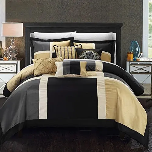 7 Piece Black Gold Embroidered Patchwork Comforter Queen Set, Grey Adult Bedding Master Bedroom Stylish Color Block Pattern Solid Color Elegant Themed Traditional, Microfiber Polyester