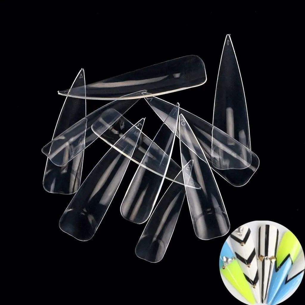 enForten 500Pcs Clear Long Sharp Stiletto Fake Nail Tips False Nail Art Tips Manicure Acrylic Salon