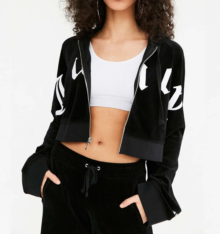 cropped velour zip up hoodie