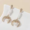 Gold Plated Zircon Crescent Moon Pendant Earrings Pearl Chain Hanging Earrings For Party