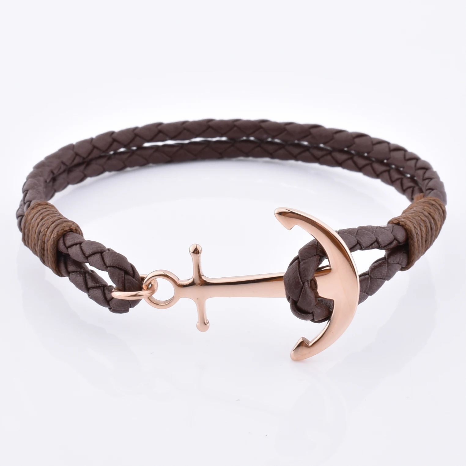 316L Stainless Steel Rose Gold Plated Anchor Brown Leather Bracelets For Men