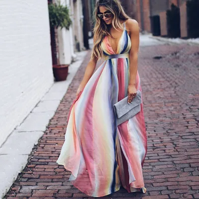 CY-25 2019 summer hot selling fashion sexy sleeveless Deep v-neck Bohemian style rainbow stripe Women dress