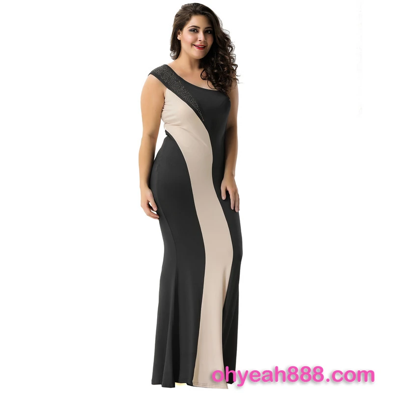 Hot Sale Summer Fashionable Plus Size Black And Nude One Shoulder Maxi ...
