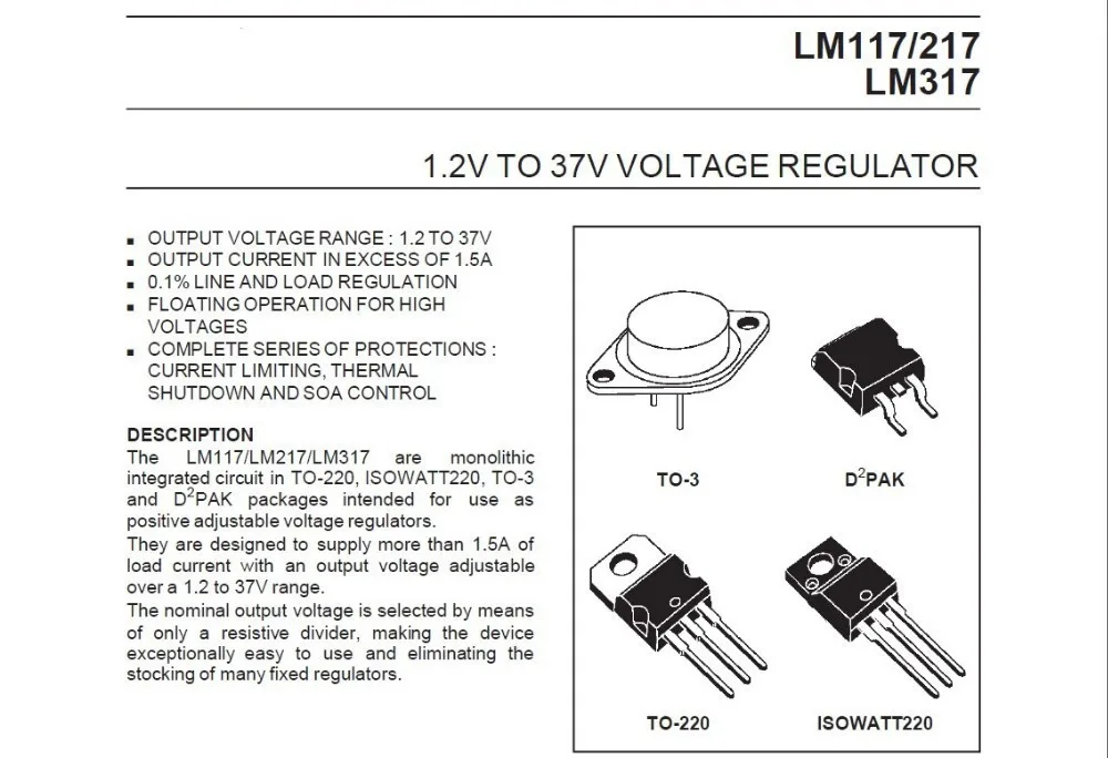 REGOLATORE IC di tensione LM317T nel pacchetto TO-220