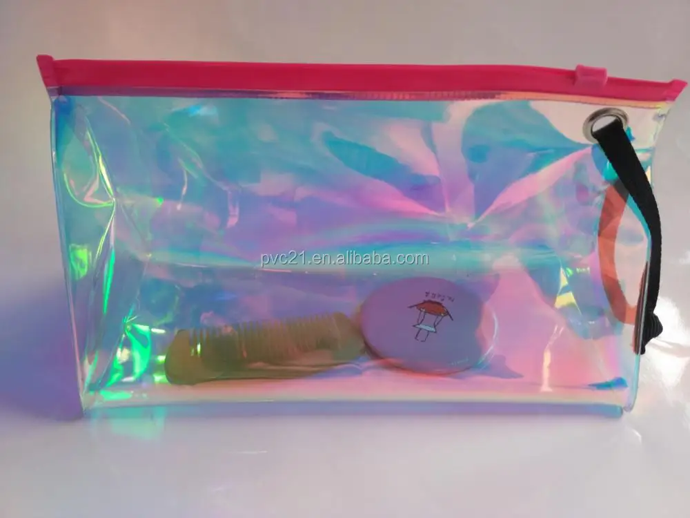 Custom holographic slider cosmetic bag for travel  pvc makeup bag