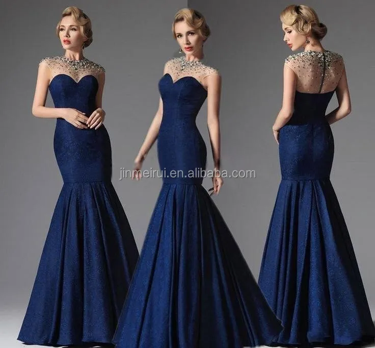 Vintage yang biru navy satin gaun  prom panjang belaka 