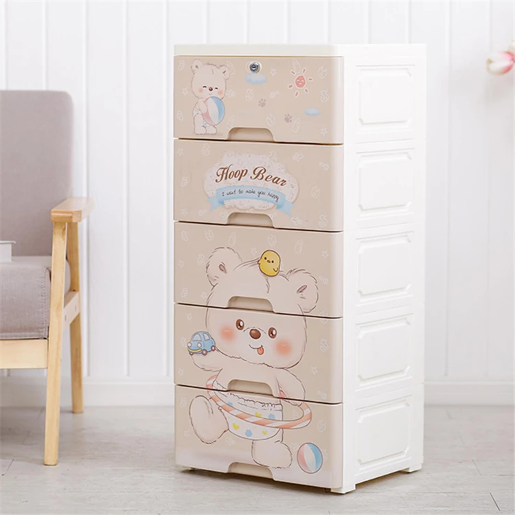 Cute bear design drawer cupboard 4 layer plastic cupboard with one lock