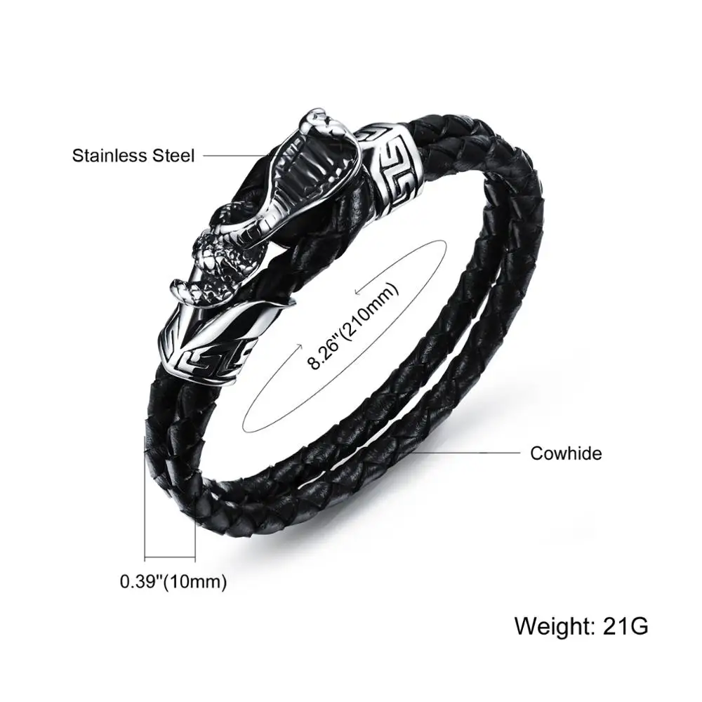 Wholesale Punk Style Men Double Braided Black Leather Snake Head Bracelet