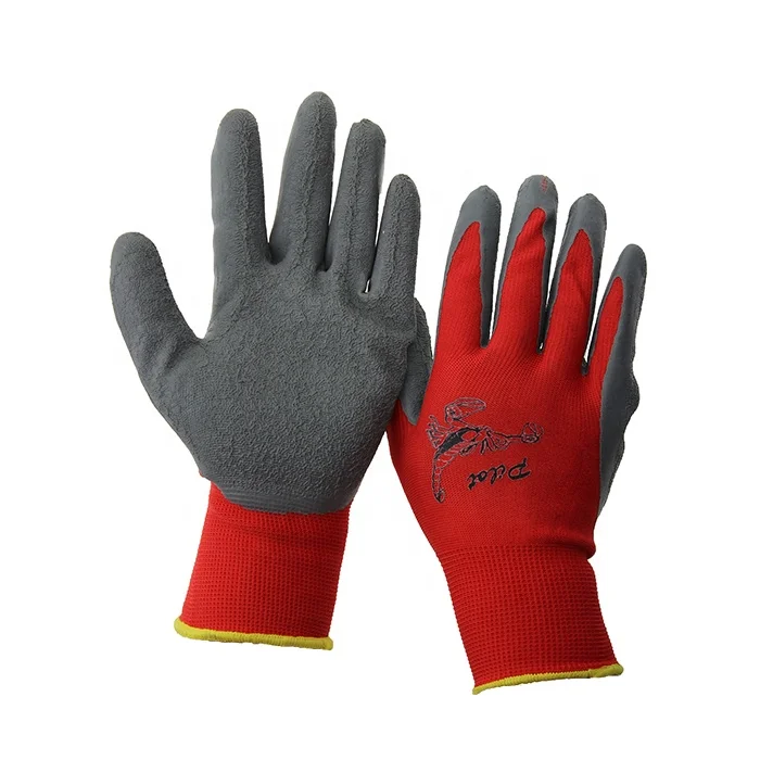 13 Gauge Polyester Knitted Crinkle Latex Dipped Gloves Red Latex Coated