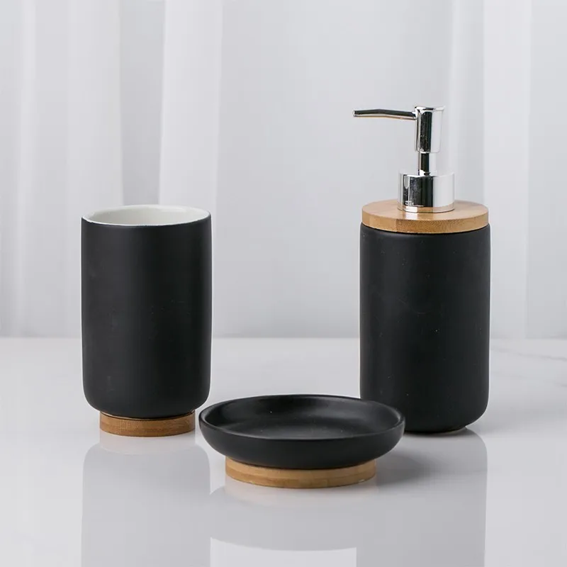 3pcs Ceramic Matte Finished Bathroom Accessories Set With Bamboo Wooden
