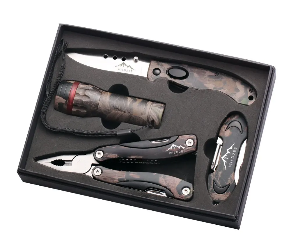 Wild2Be Premium Flashlight Knife 12-in-1Multi-Toll Pliers 7-in-1 Multi-Function Knife Outdoor Gift-Set – Real Tree Camo