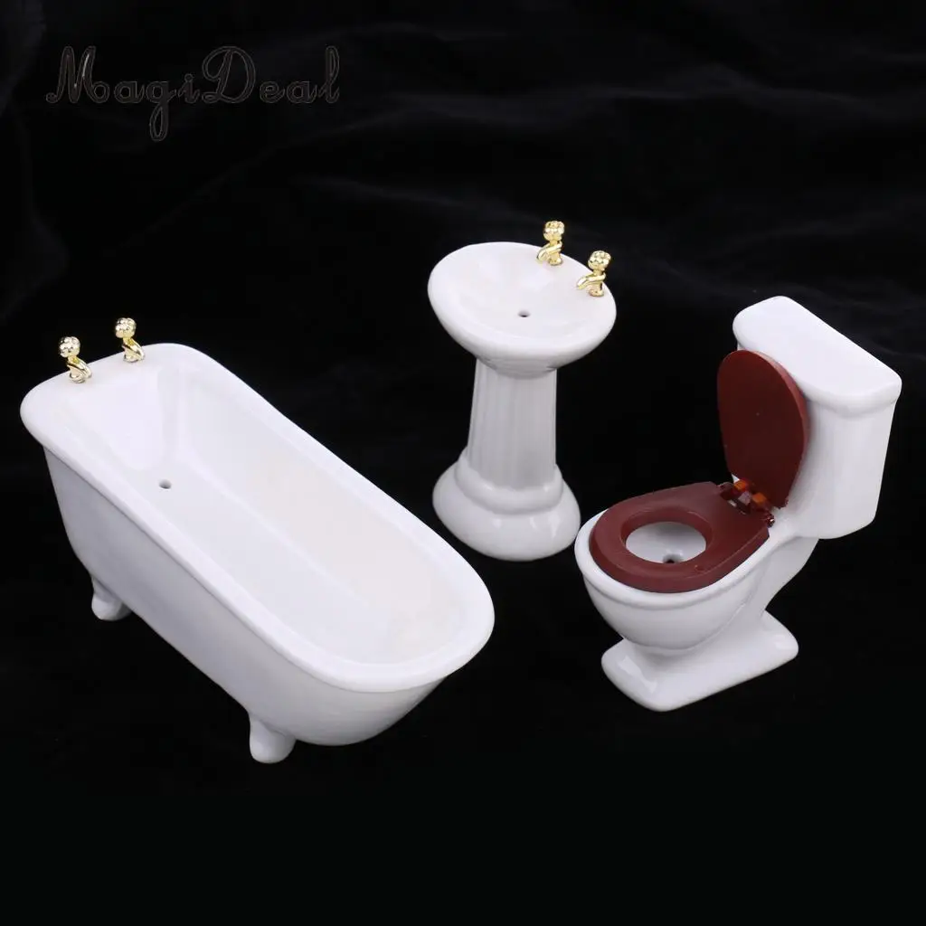 1//24 Dollhouse Miniature Ceramic Bathroom Porcelain Toilet Tub Sink White