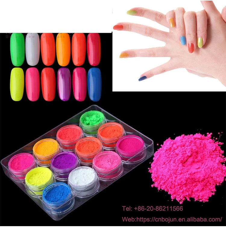 Bojun wholesale neon 12 color powder glow in the dark phosphor nail glitter powder fluorescent pigment /photochromic pigment