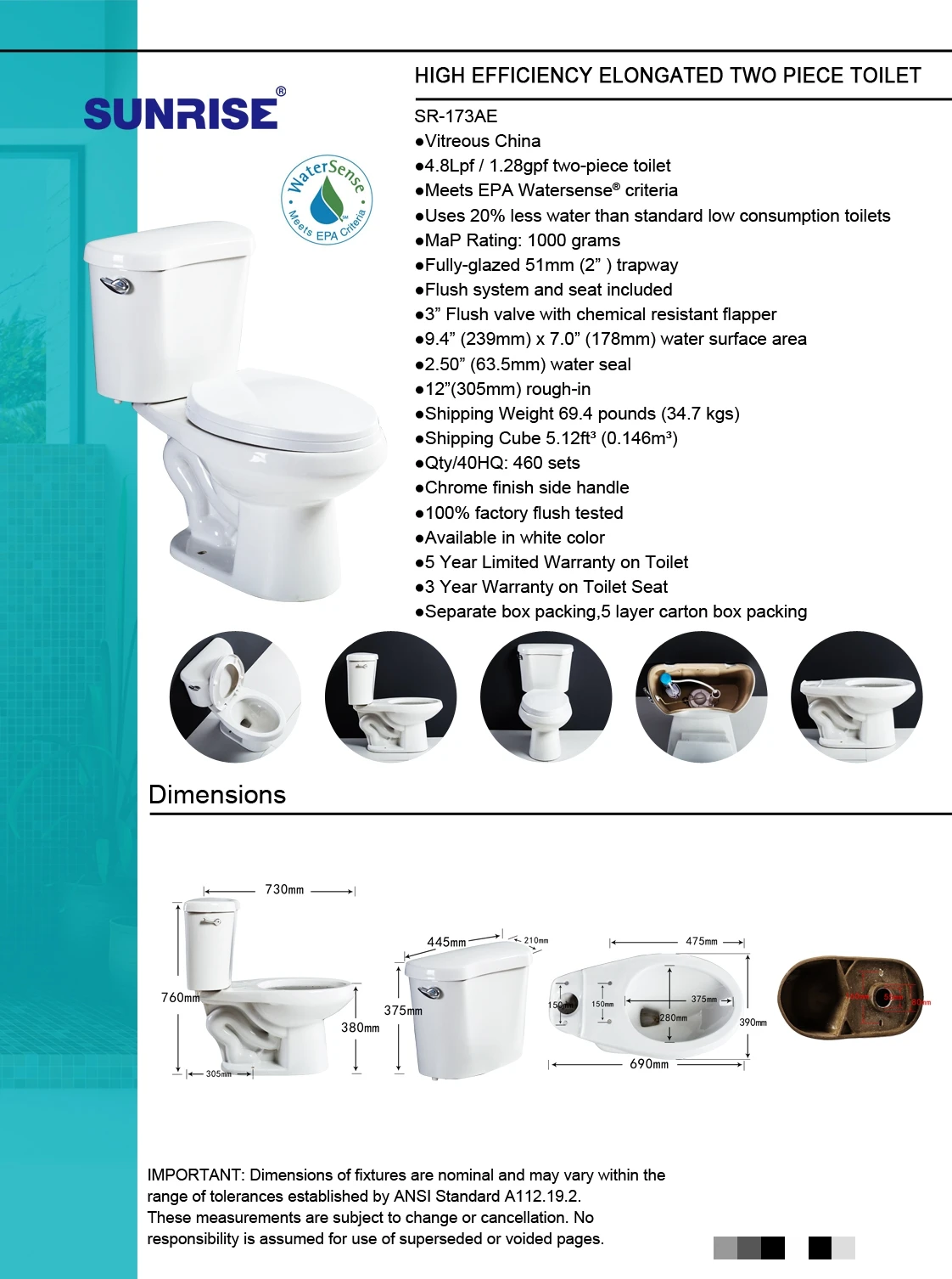 Sr173ae Tuscany Two Piece Toilet With Slow Done Seat Cover And Upc