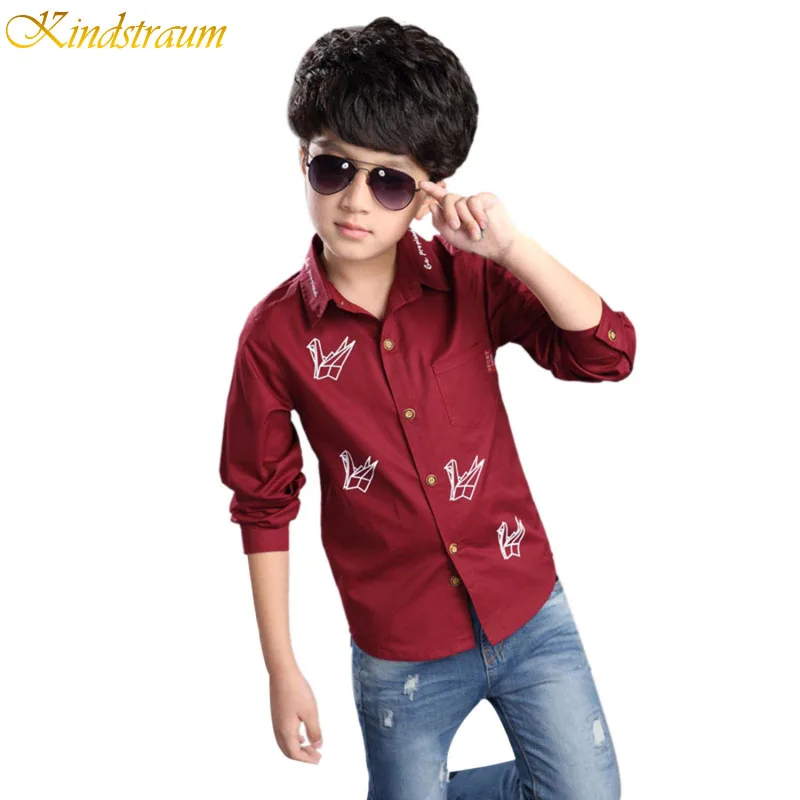Kindstraum Teenage Boys Long Sleeve Shirts 2016 Spring Cotton Fashion Casual Print Handsome Shirt for Children