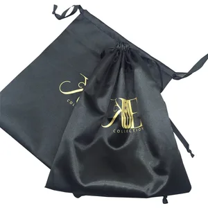 Black Custom Size Drawstring Satin Hair Extension Packaging Bags With Tassels