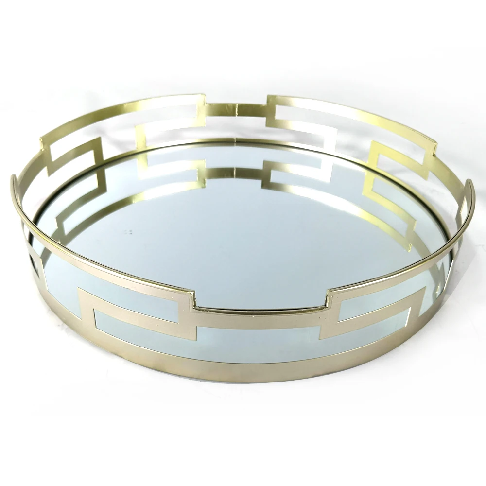 100 Handmade Round Rose Gold Mirror Glass Metal Serving Tray With