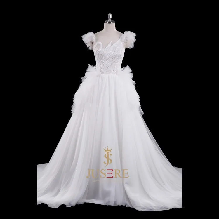 Flowing Illusion Scoop Neckline Short Flare Sleeves Heavy Beading