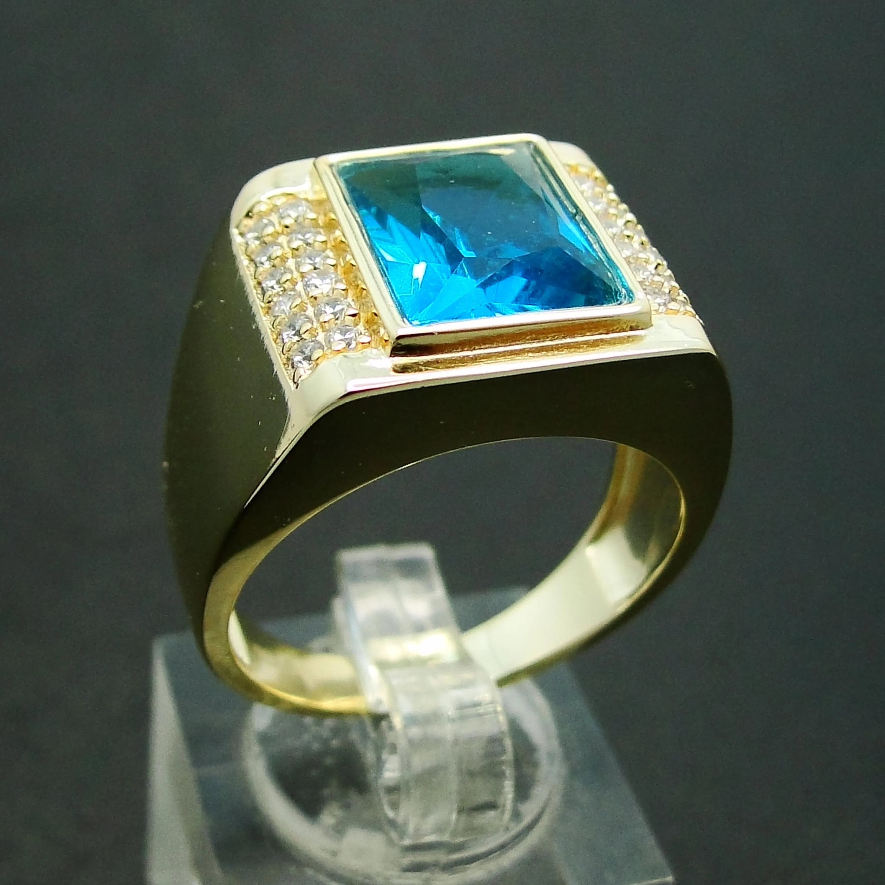 2.58 Ct Swiss Blue Topaz 18K Yellow Gold Plated Silver Men's Ring