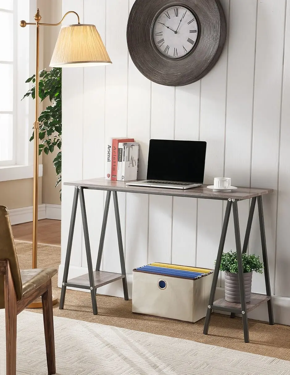 Kings Brand Furniture Home & Office Desk/Table with Side Shelves, Gray