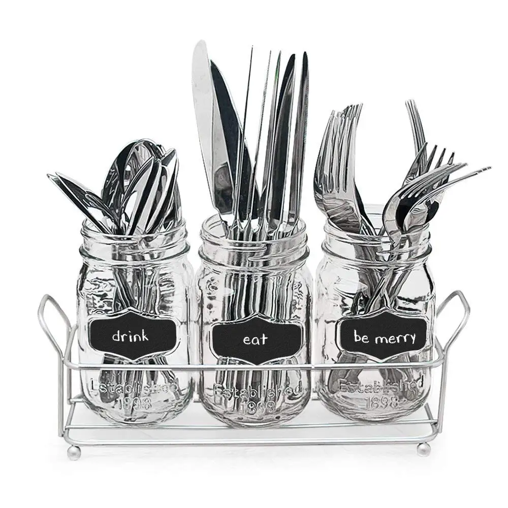 3-pc Mason Jar Flatware Caddies - 17 Oz. Vintage Clear Glass Utensil Organizer with Black Chalk Label on Metal Caddy with Handles - Lightweight Space-Saver Home and Party Drinkware Set