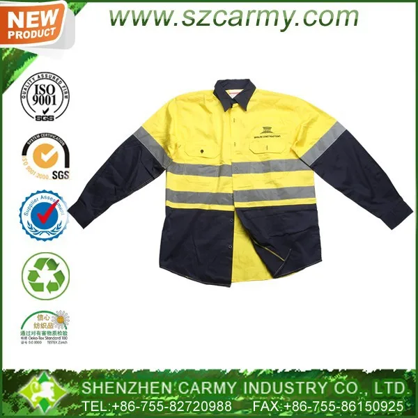 Australia hi vis yellow heavy cotton long sleeves work uniform shirt with reflective tape