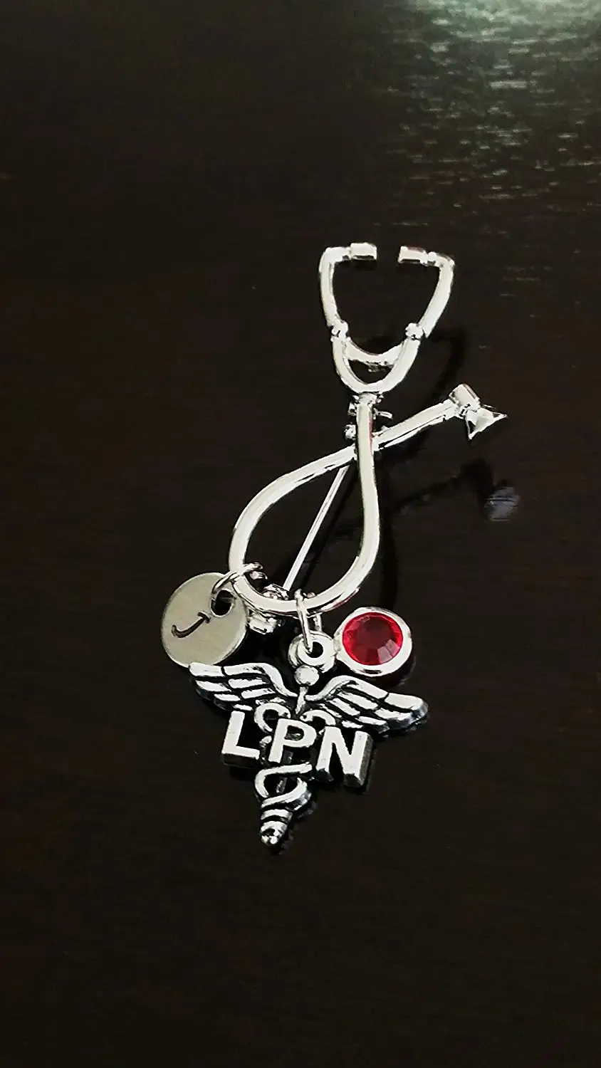 RN Registered Nurse Medical Stethoscope Gold Handstamped Personalized Initial Letter Graduation Gift Brooch Nurse Pin
