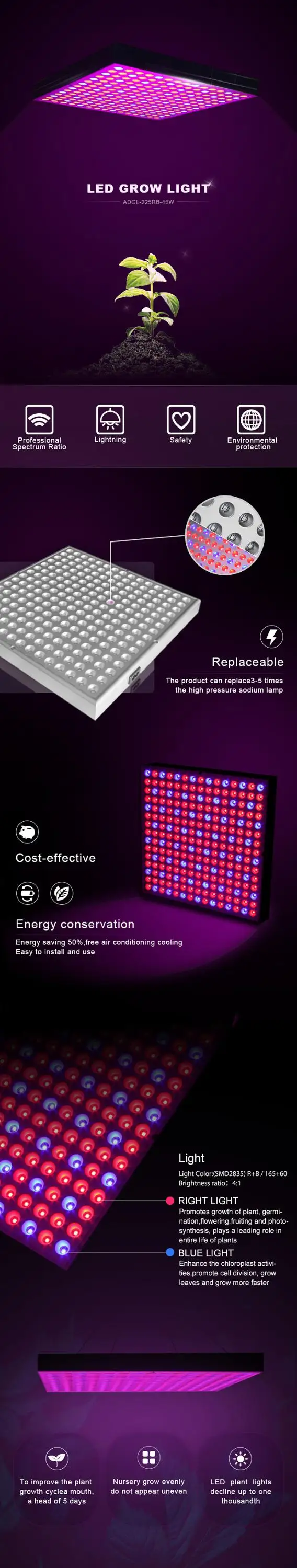 Amazon Top Seller 2018 Hydroponic Quantum Board Plant Full Spectrum 30W 45W 50W LED Grow Light for Indoor Greenhouse