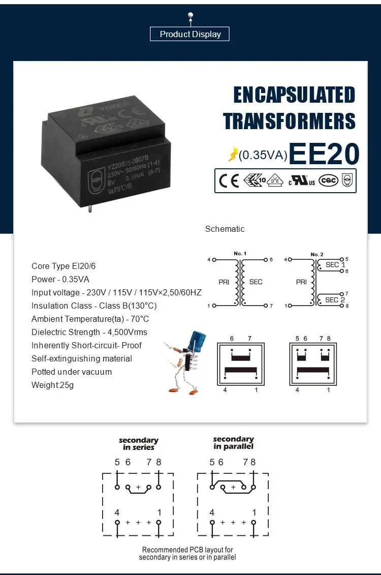 EE20/6 , 0.35VA CE ROHS UL VDE 220v 230v 9v ac mini electric transformer