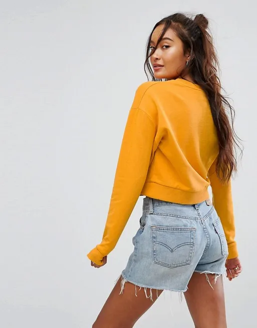 Womens Long Sleeve Crew Neck Dropped Shoulders Fitted Trims Cropped Sweatshirts Without Hood 