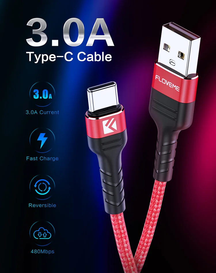 2019 FLOVEME 3A Fast Charging Type-C USB Cable for huawei P30 P20 Pro Micro 1M Nylon Type C Data Wire Cord - ANKUX.COM