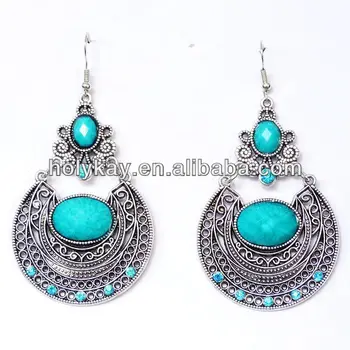 Antique Silver Plated Oval Bohemia Pendant Earrings Retro Style Antique Silver Plated Oval Bohemia Pendant Earrings Retro Style Turquoise Alloy Spanish