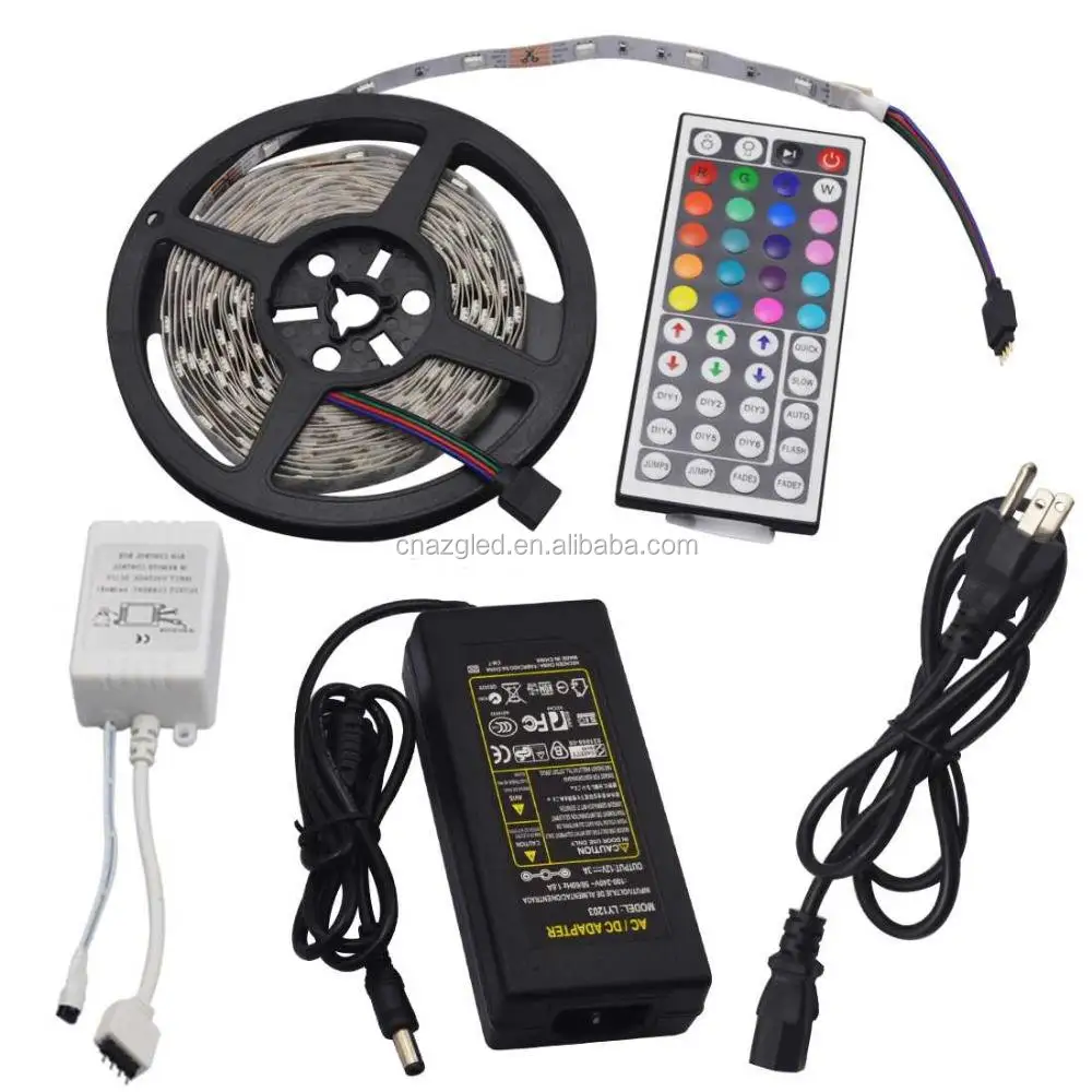 Color Box Package 16.4ft 5M Waterproof 5050 RGB LED Strip Kit with 44Key IR Remote Adapter