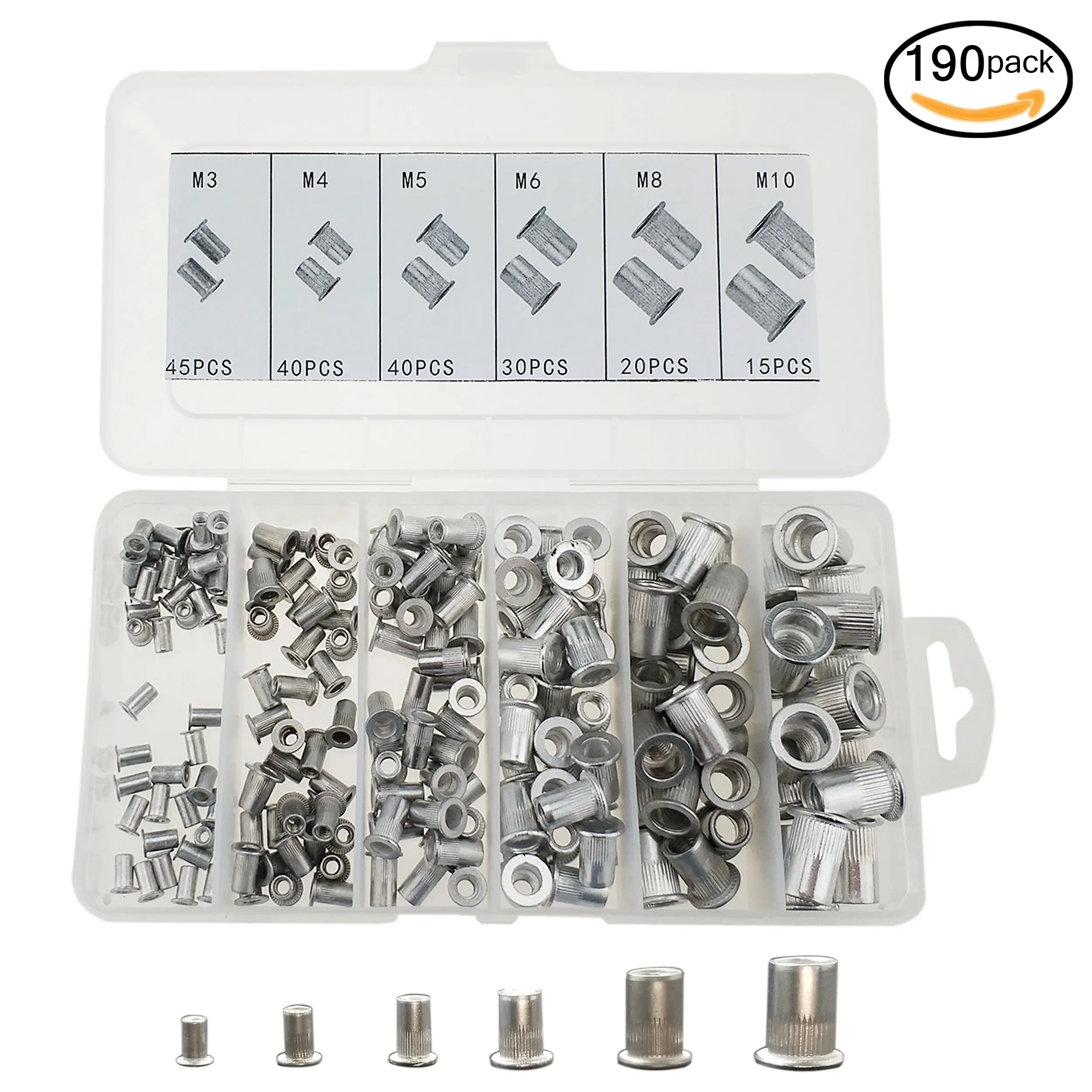 Boeray 190PCS M3 M4 M5 M6 M8 M10 Aluminum Alloy Flat Head Rivet Nut Alumium Rivnut Insert Cap Rivet Nut
