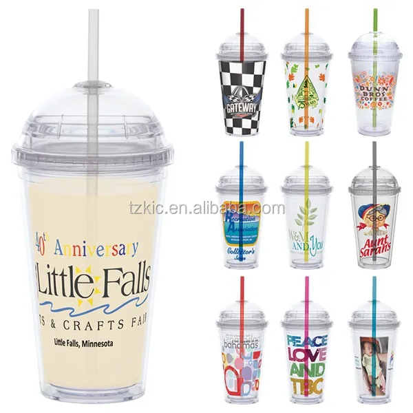 16 Oz Plastic Clear Dome Lid Double Wall Tumbler With Straw Buy Dome