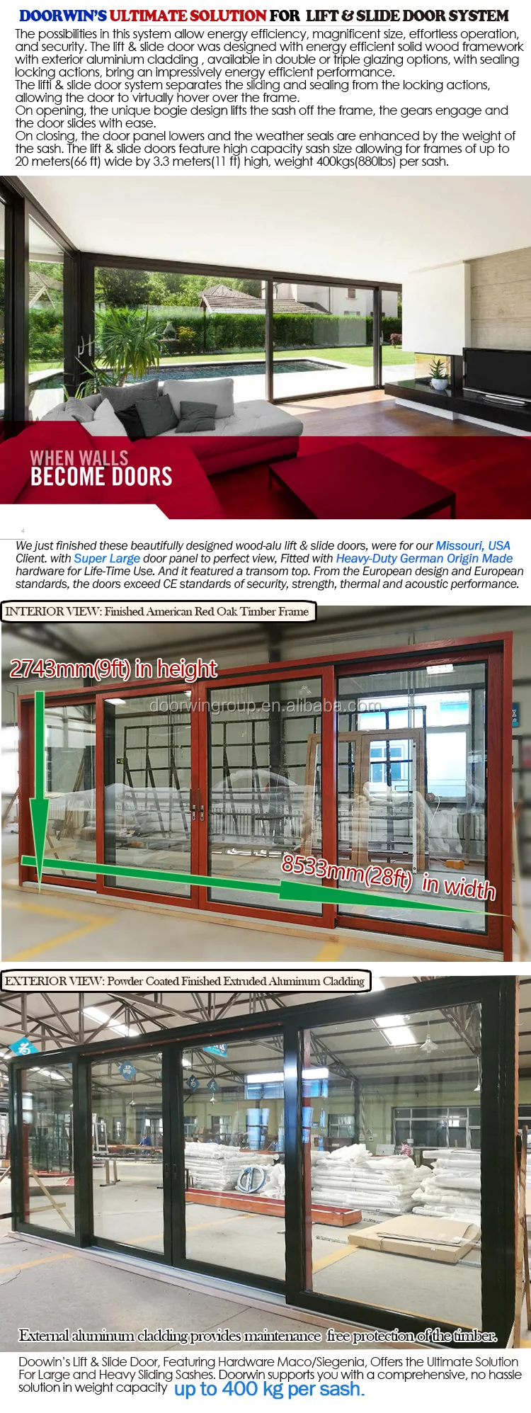 Columbia Missouri USA Client,Oak Wood with Exterior Aluminum Cladding,Super Wide Heavy Duty Lift Sliding glass Door