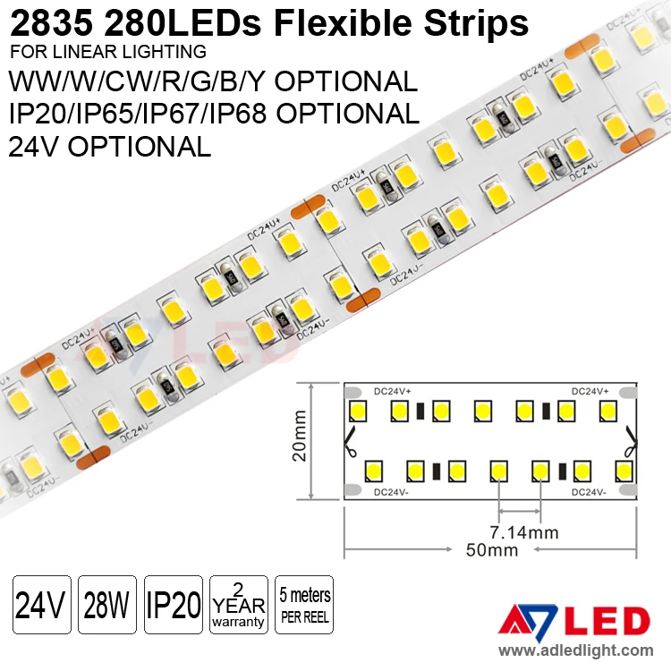 High brightness led tape light 280leds 24v 3000K 5600K 6500K flexible led strip for led aluminum snap light box