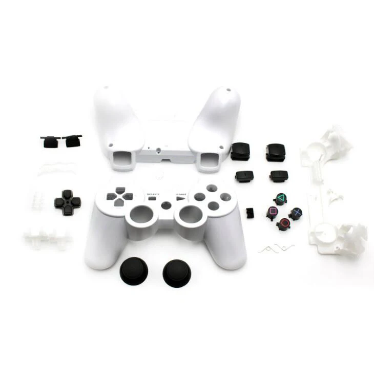PS3 Slim full housing shell replacement kit showing top and bottom halves, screws, and rubber feet
