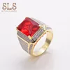 Artificial gold square gemstone ruby stone mens hip hop jewelry rings designs for men