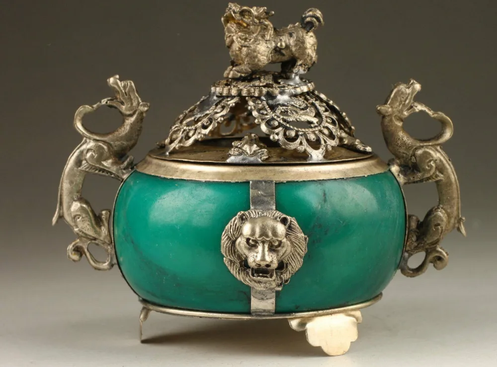Collection Handmade Old Tibet Silver Dragon stone Incense