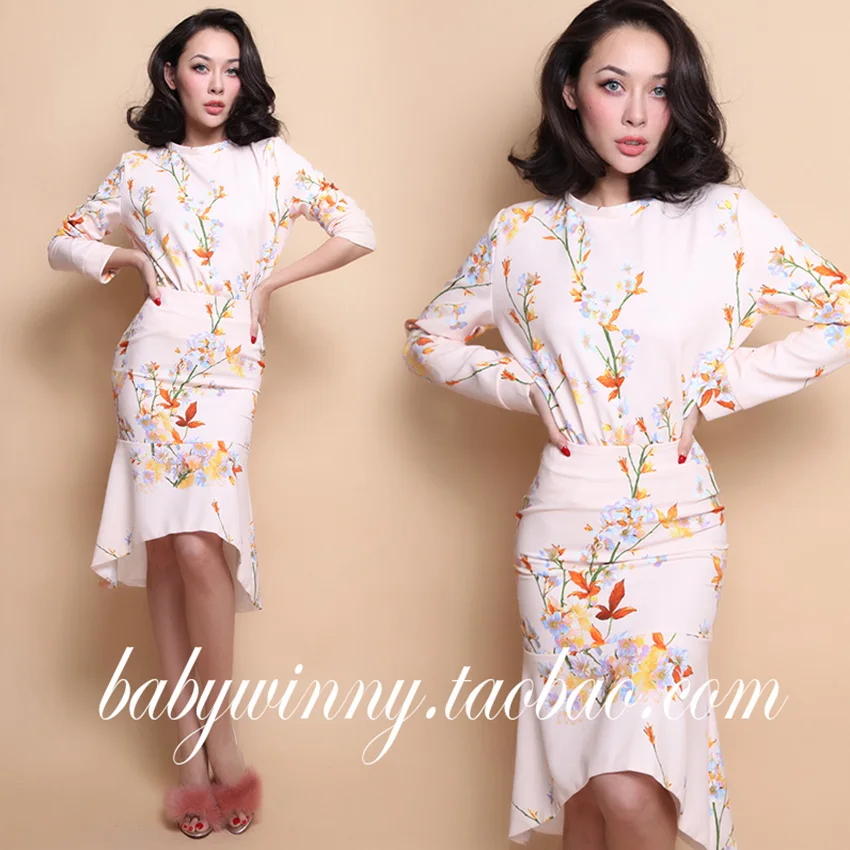 FREE SHIPPING 2016 Spring New Vintage Elegant All Match Street Long Sleeve Sweatshirts And Mermaid Skirt