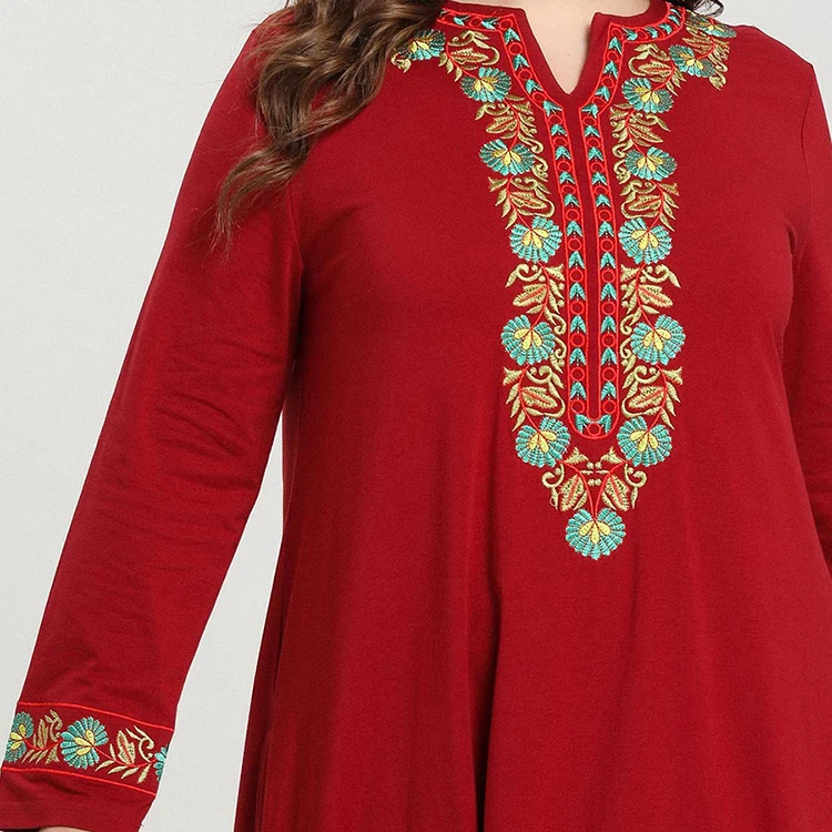 New Style Casual Plus Size Women Clothing Red Embroidery Maxi Dress