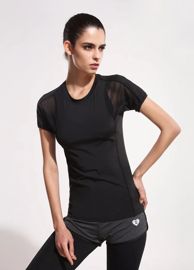 Women Black Short Sleeve Elastic Yoga Mesh Sports T Shirt Fitness Women ...