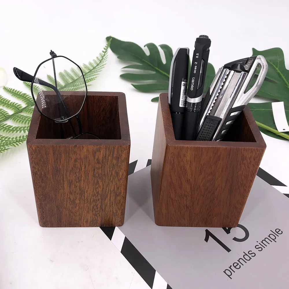 Custom Office Square Wooden Bamboo Pen Storage Holder Pencil Organizer ...