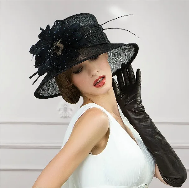 Newest Design Wedding Dress Hats With Feather Black Church Hats