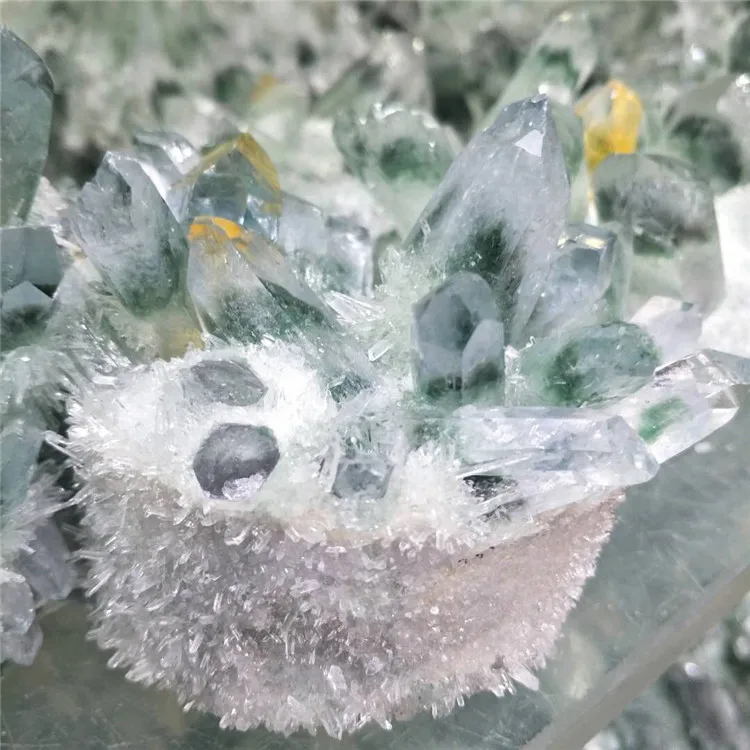 large natural quartz green phantom point shape crystals cluster