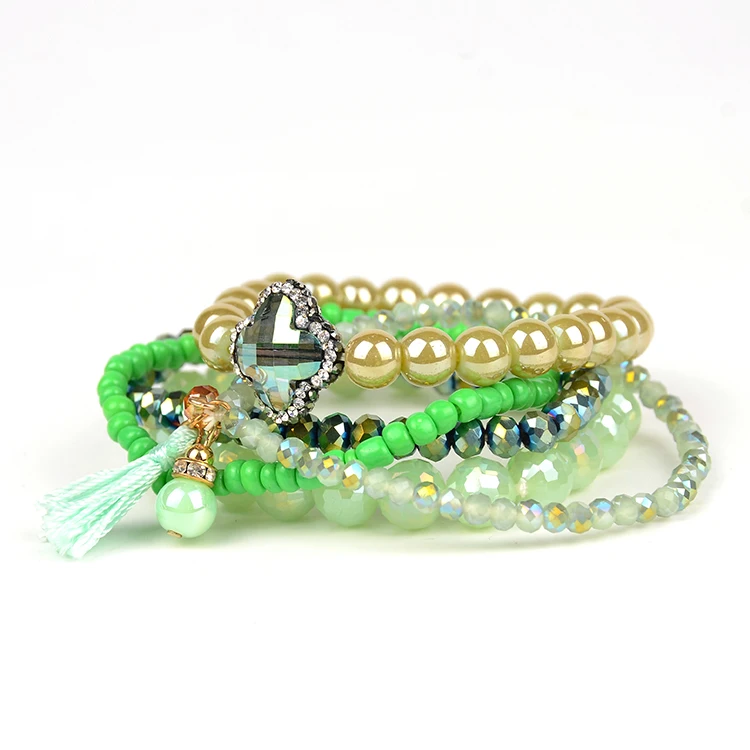 4pcs/set Designer Fashion Green Crystal Leave Beads Bracelet Bangles Multilayer Bracelet for Women
