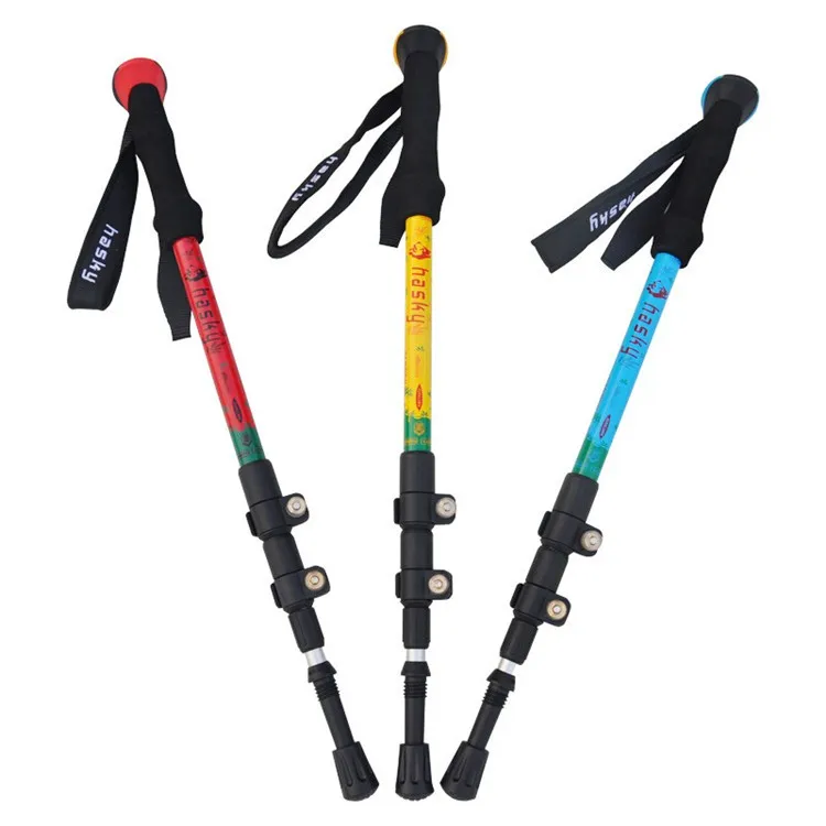 Yiwu Atacado Alpinismo Caminhadas Vara Alpenstock Bengalas Eva & Alumínio Azul e vermelho e amarelo Pólos Trekking 2 High Quality Esporte e Lazer