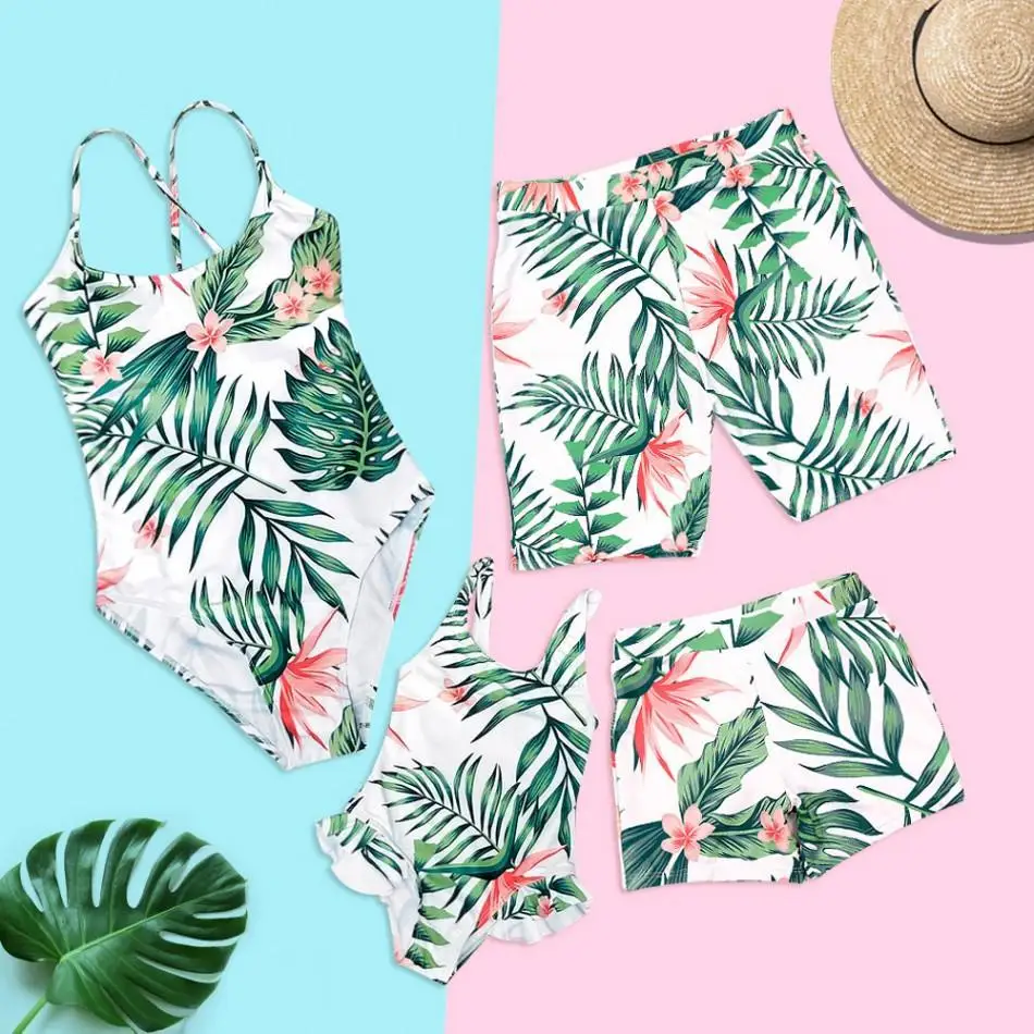 Family Matching Swimwear Tropical Leaf Print Mommy And Me Swimsuit ...